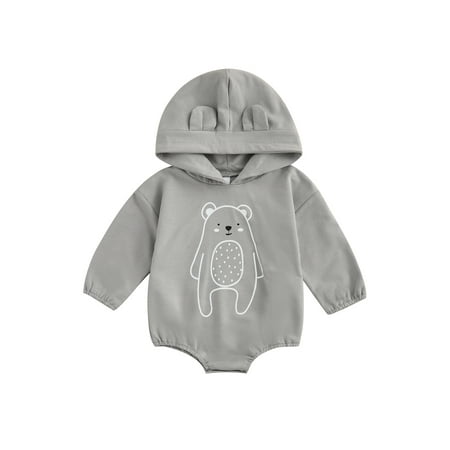 

wybzd Infant Baby Girls Boys Romper Cartoon Bear Print Ear Hooded Long Sleeve Jumpsuits Clothes Gray 6-12 Months