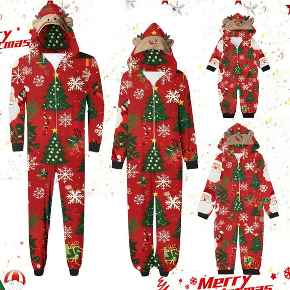 Odeerbi Christmas Onesie Pajamas for Family Holiday Sleep Jumpsuit Long Sleeve Family Christmas Pajamas Matching Sets Dad Printed Loungewear Jumpsuit Sleepwear Xmas PJs Set Red