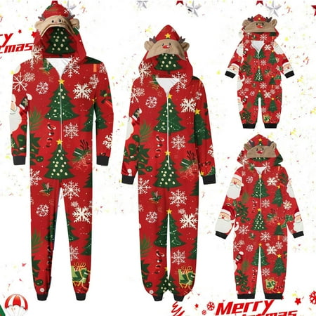 

GERsome Christmas Family Pajamas Matching Set Xmas Holiday Zip Up One Piece PJs Hooded Women Men Kid Baby Sleepwear Baby Size 9-12 Months