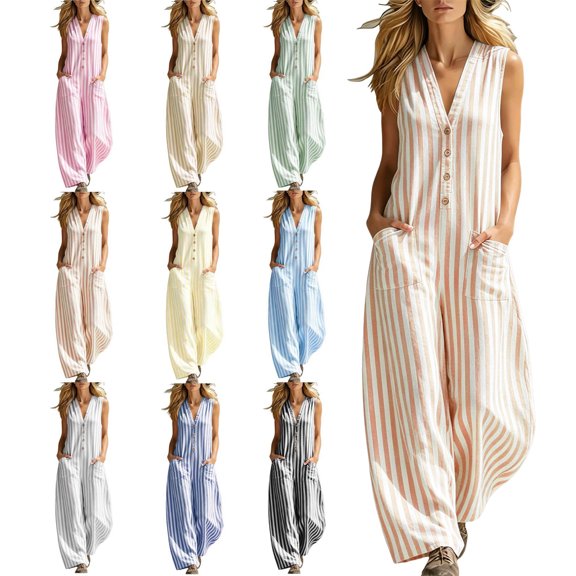 Summer Womens Jumpsuit Striped Sleeveless V-neck Button Up Cardigan Wide Legs Pockets Pants Casual Jumpsuit