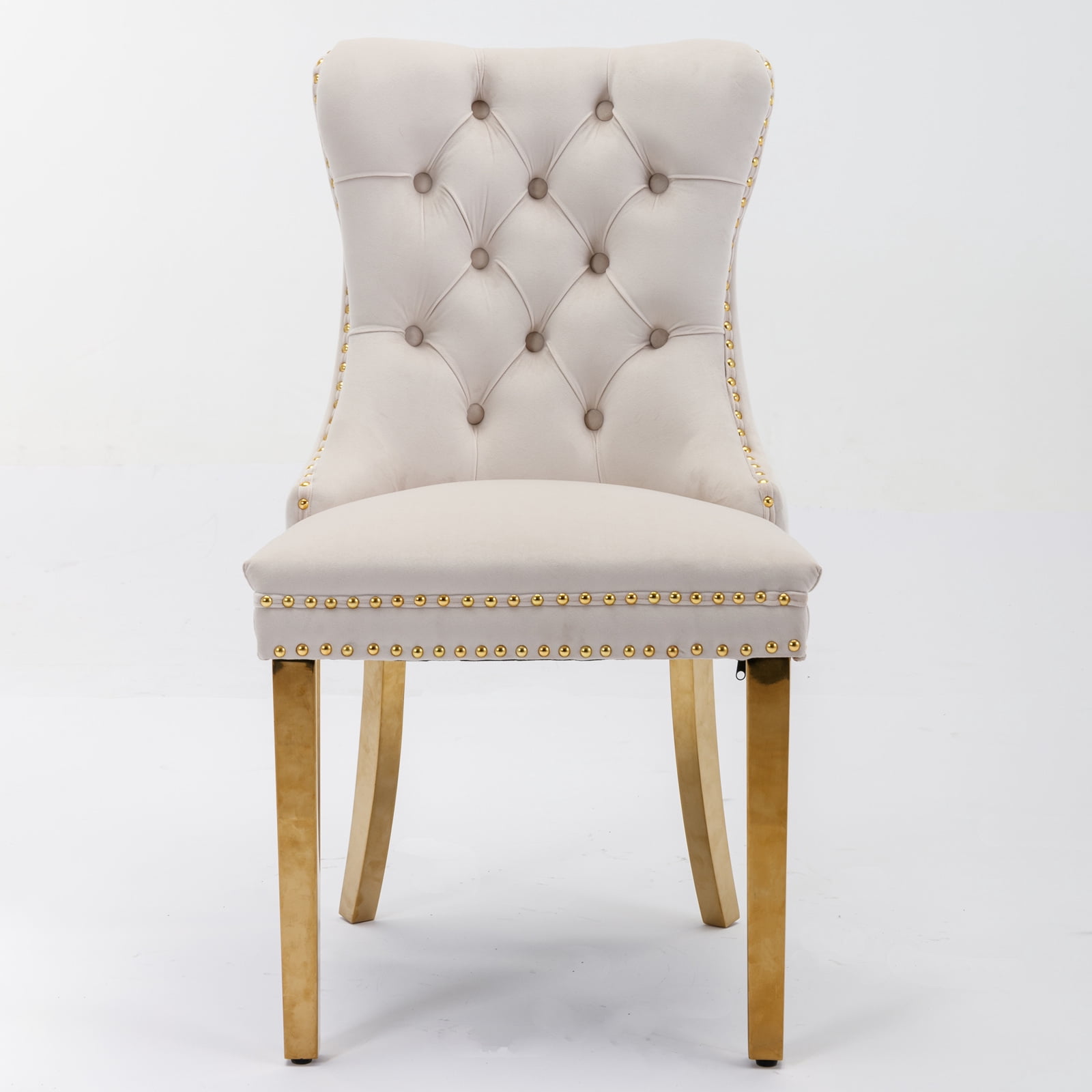 High-end Tufted Solid Wood Contemporary Velvet Upholstered Dining Chair with Golden Stainless Steel Plating Legs,Nailhead Trim,Set of 2,Beige and Gold, SW1601BG