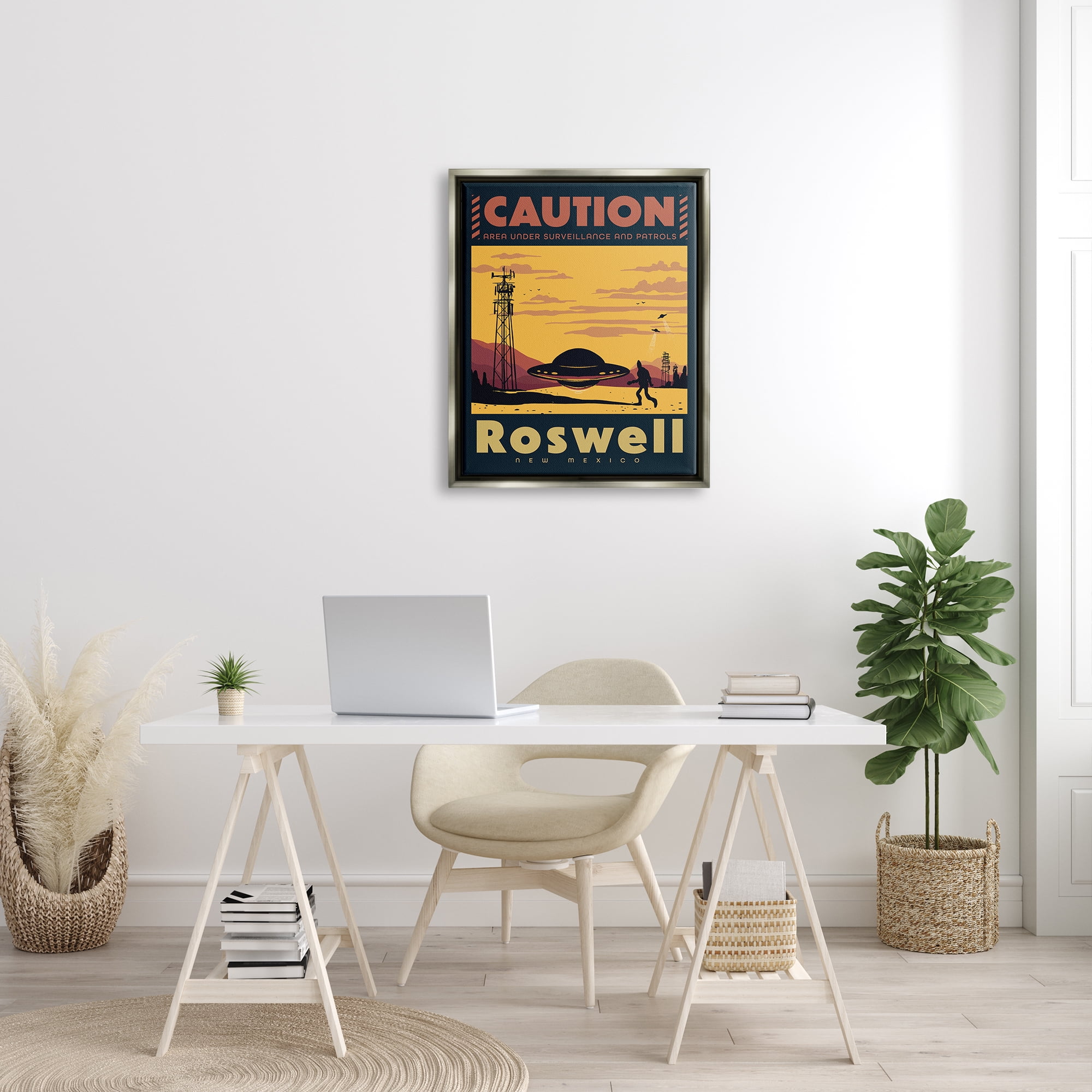 Stupell Industries Caution Roswell New Mexico UFO Travel & Places Painting Gray Floater Framed Art Print Wall Art