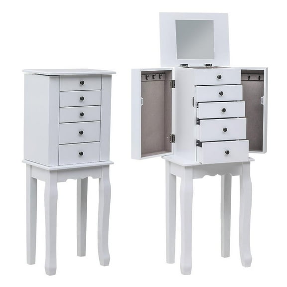 UBesGoo 5-Drawer Jewelry Armoire Cabinet, Mirrored Jewelry Organizer Storage Box Chest White