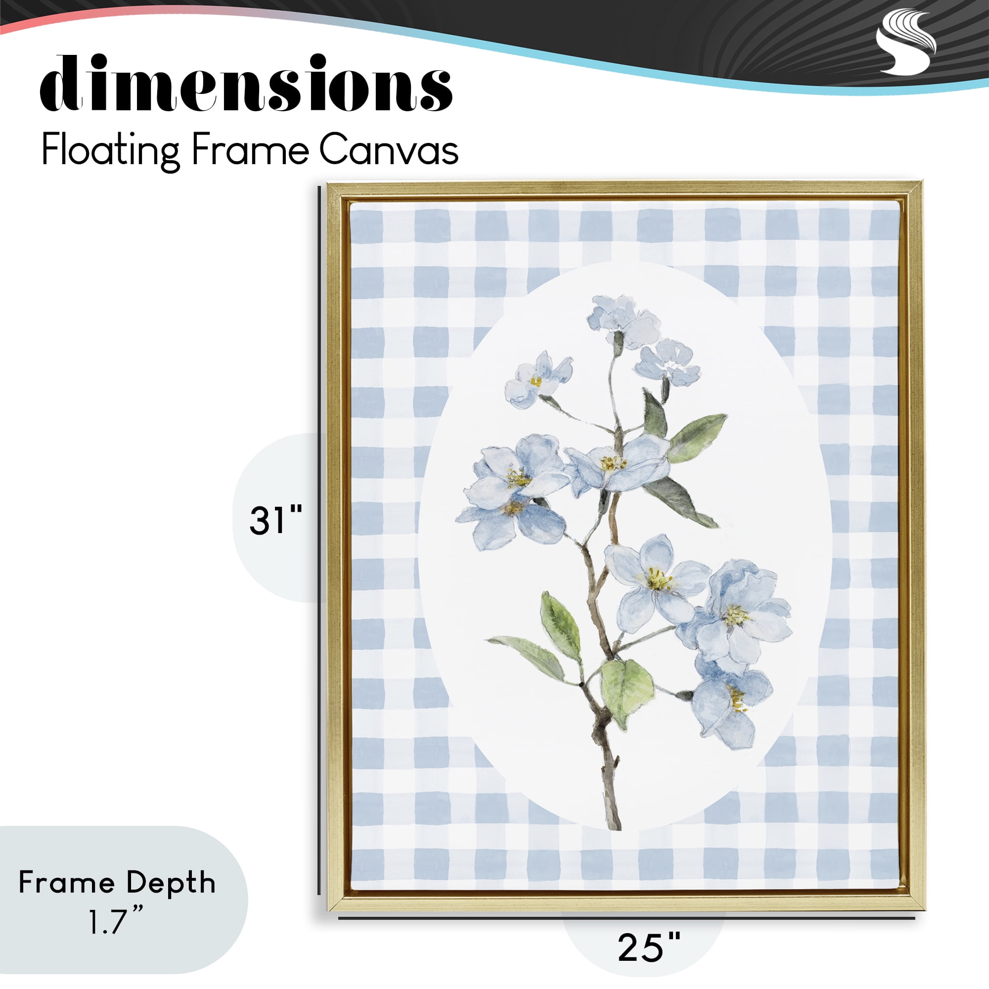 Stupell Industries Blooms on Blue Checkers Gold Framed Floater Canvas Wall Art, design by Lanie Loreth