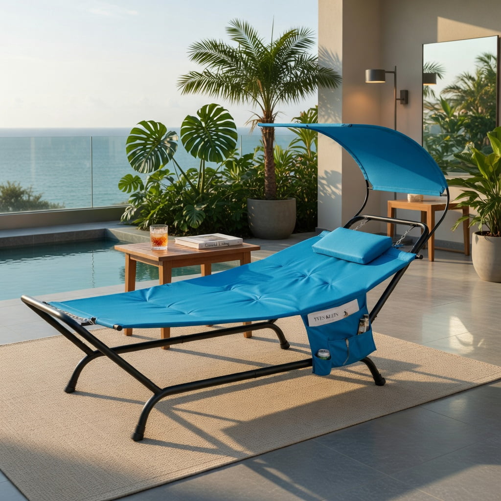 Hommoo Patio Hanging Chaise Lounge Chair with Sun-Proof Canopy, Thick Cushion & Pillow, Rust-Resistant Metal Frame, Outdoor Swing Chair for Deck, Balcony, Poolside, Navy