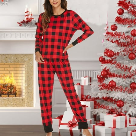 

Njoeus Womens Fashion Christmas Plaid Printed Elk Long Sleeve Pants Pajama Set Homewear