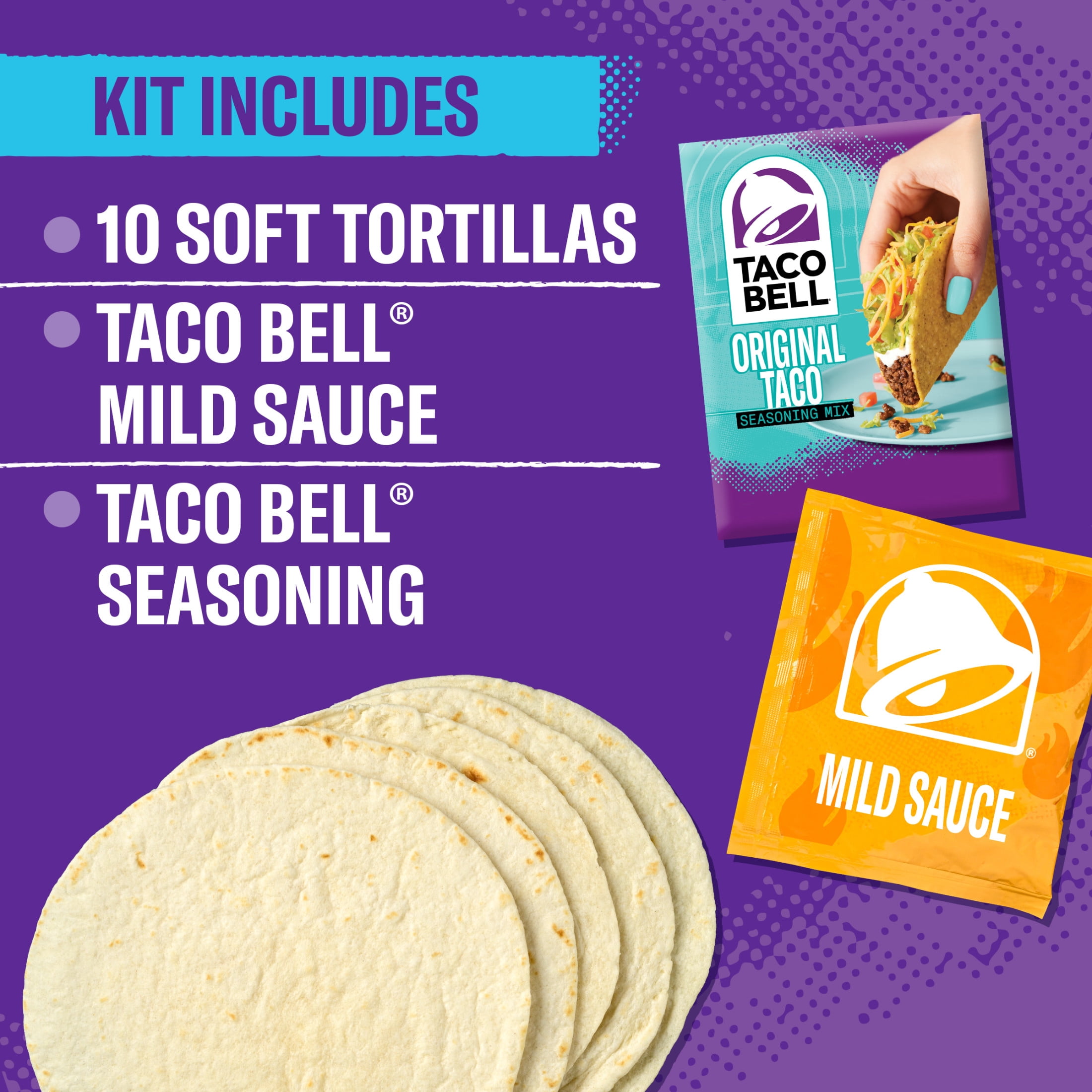 (12 pack) Taco Bell Soft Taco Cravings Kit with 10 Soft Tortillas, Taco Bell Mild Sauce & Seasoning, 14.8 oz Box