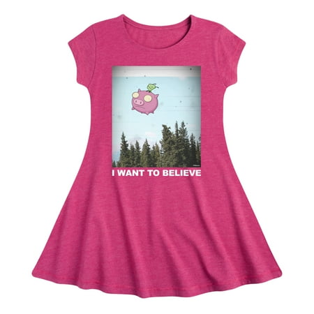 

Invader ZIM - GIR Sitting on Flying Pig - I Want to Believe - Toddler And Youth Girls Fit And Flare Dress