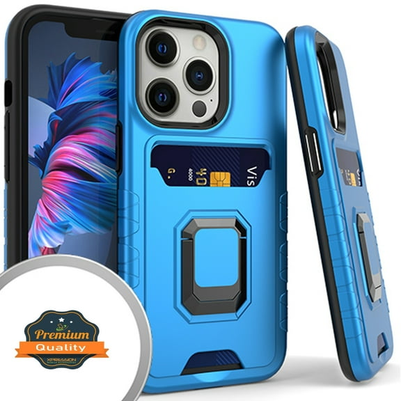 Xpression Case for Apple iPhone 13 Pro Max (6.7") Wallet Credit Card Slot Holder with Metal Ring Kickstand Heavy Duty Hybrid Dual Layer Stand Phone Cover [Blue]