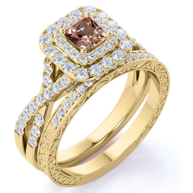JeenMata Anillo de Bodas de 1,75 Uds, Corte Princesa, Morganita Creada en Color Champán, Doble Halo, Banda Retorcida, Inspiración Vintage, Engastado en Oro Amarillo de 18 K sobre Plata