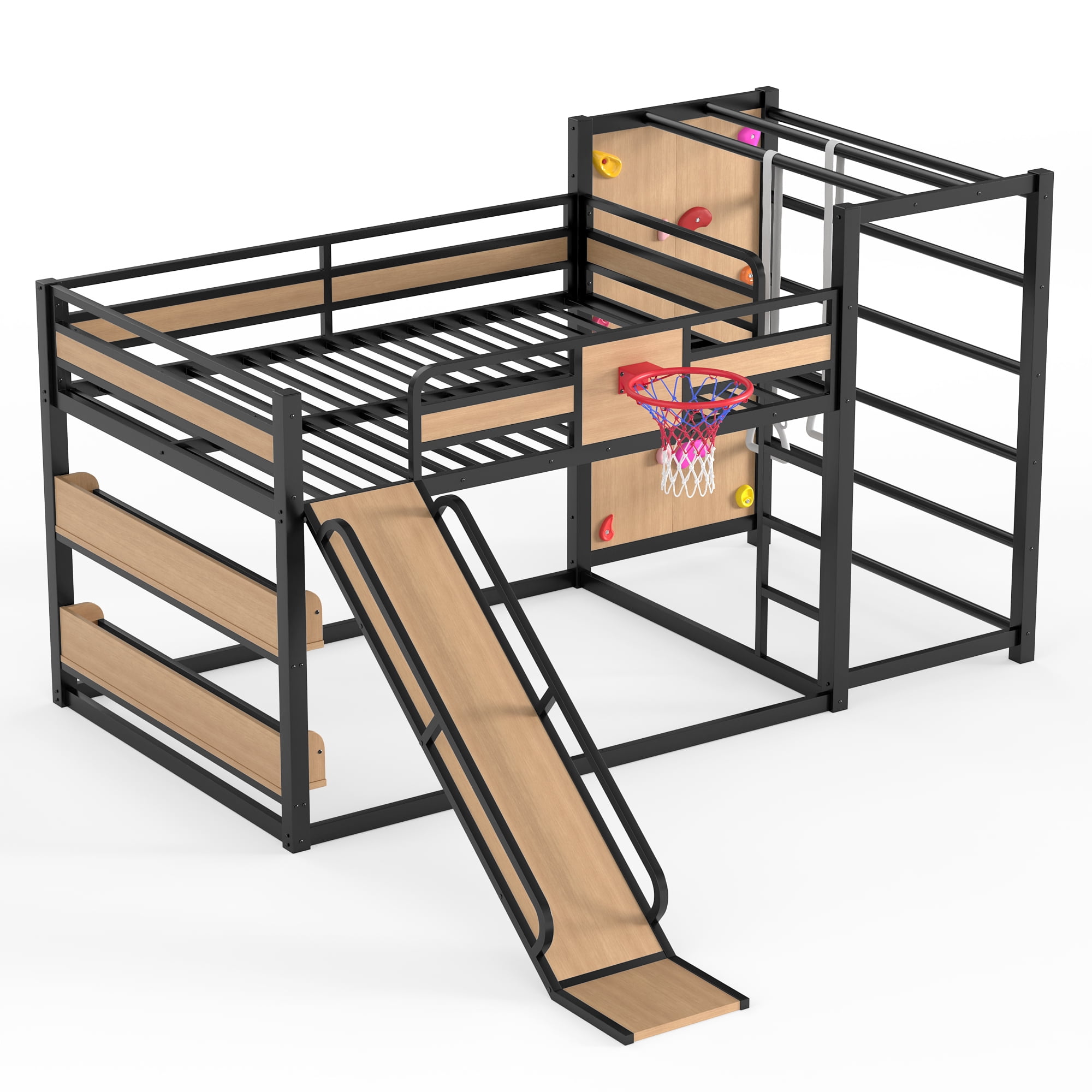 Full Size Loft Bed with Basketball Hoop, Pull-up Rings and Climbing Wall, Metal Loft Bedframe with Bulit-in Bookshelves, Kids Playhouse Bed with Slide for Boys Girls