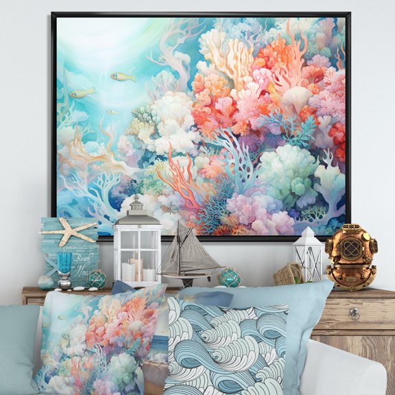 Designart "Submerged Coral Orchestra Ii I" Coastal Coral Under Water Floater Framed Canvas Wall Art