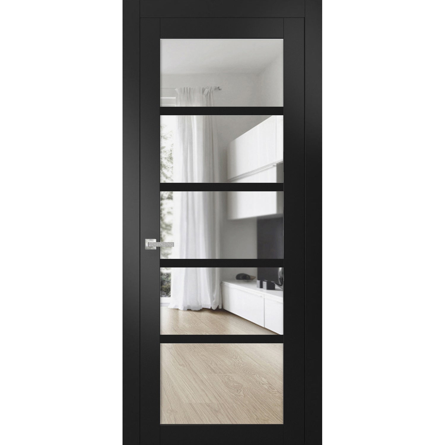 Quadro 4522 Matte Black 28-in x 80-in with Clear Glass Solid Interior French | Single Regular Panel Frame Trims Handle | Bathroom Bedroom Sturdy Doors