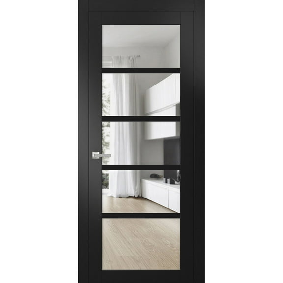 Quadro 4522 Matte Black 28-in x 80-in with Clear Glass Solid Interior French | Single Regular Panel Frame Trims Handle | Bathroom Bedroom Sturdy Doors