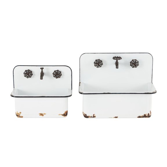 DecMode White Metal Sink Indoor Outdoor Wall Planter with Bronze Hardware and Distressed Accents, Set of 2 17", 13"W