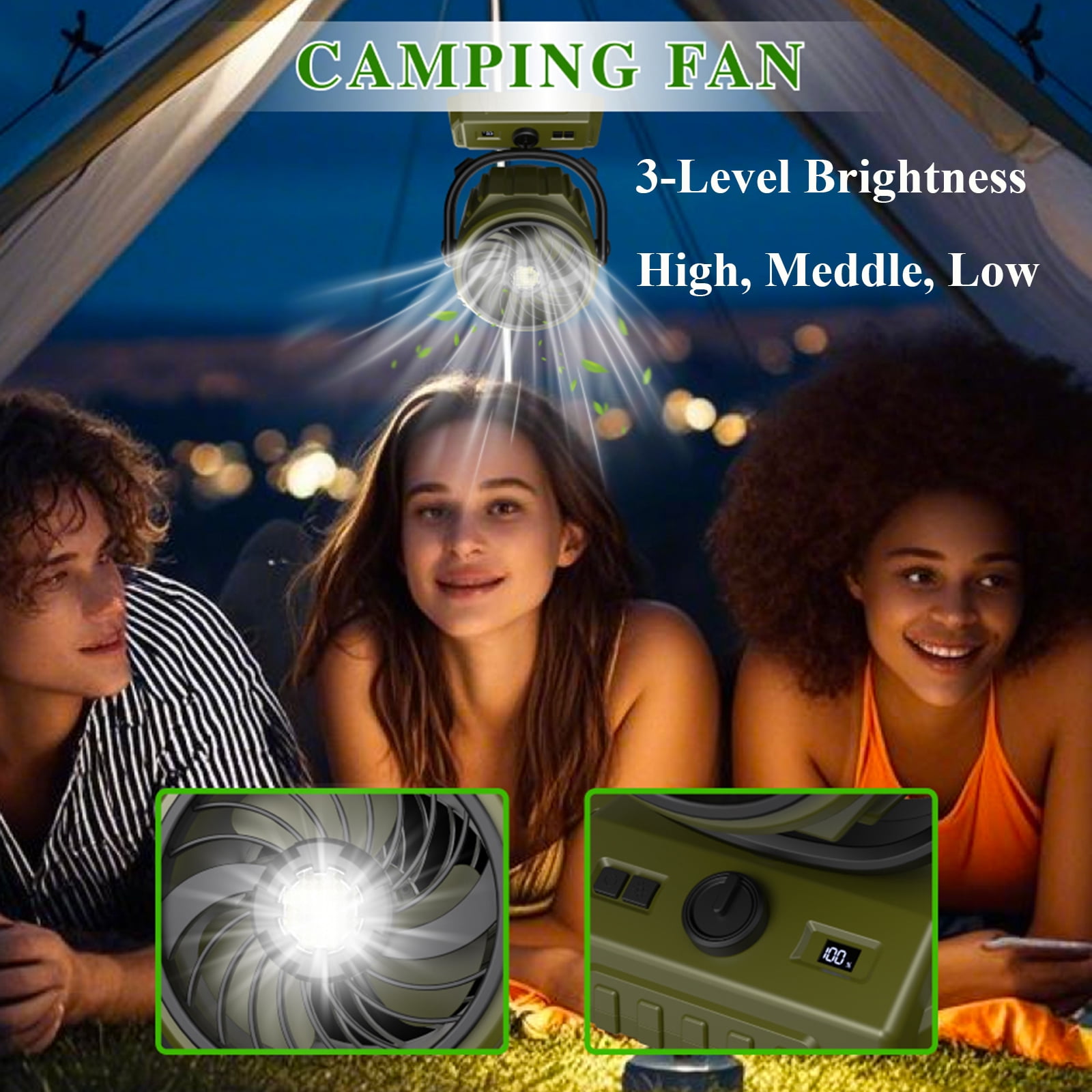 3-in-1 Camping Fan, Portable Fan Rechargeable 20000mAh Cordless Battery Powered Fan with LED Lantern, USB C Charging, LCD Display, Shaking Head, Hanging and Desk Fan for Indoors Outdoors