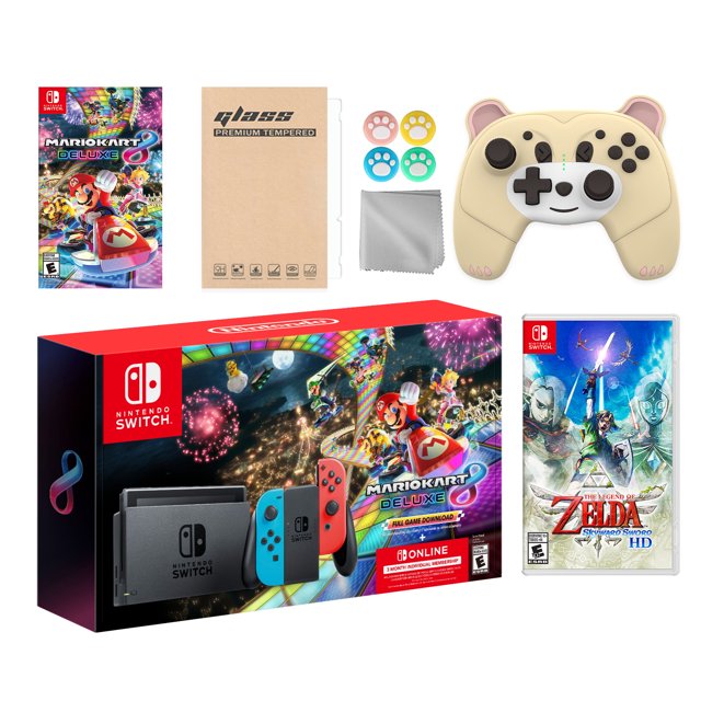 Nintendo Switch Mario Kart 8 Deluxe Bundle: Red/Blue Console, Mario Kart 8 & Membership, The Legend of Zelda: Skyward Sword HD, Mytrix Wireless Pro Controller Peary Yellow Bear and Accessories