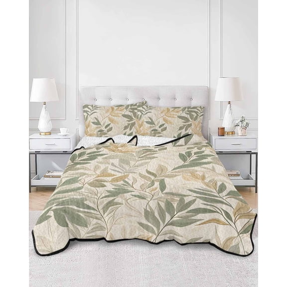 Quilts Twin Size, Sage Green Yellow Botanical Soft Comforter Bedding Set for Bed, Vintage Spring Summer Lightweight Quilted Bedspread with Pillow Cover(2 Pieces) for All Season, 68x86 Inch