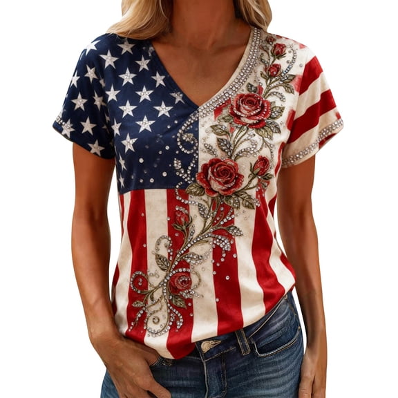 Summer Tops for Women Independence Day Patriotic Glitter Tees V Neck Butterfly Rose Print Casual Tops Shirts Blouses