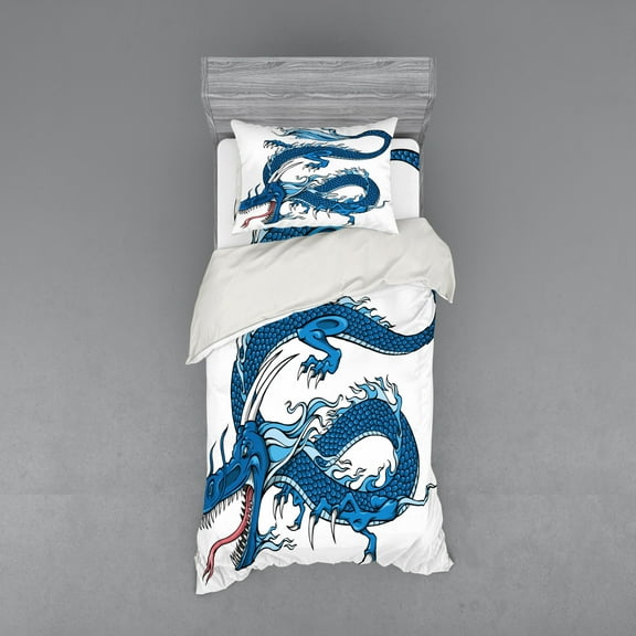 Fantasy Duvet Cover Set, Dragon Mythical Creature Japanese Culture Folk Print, Bedding Set with Shams and Fitted Sheet, 3 Sizes, by Ambesonne