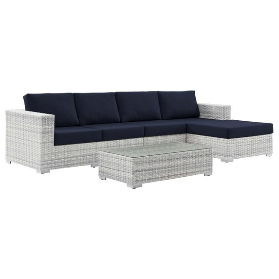 Lounge Sectional Sofa Chair Set, Rattan, Wicker, Light Grey Gray Blue Navy, Modern Contemporary Urban Design, Outdoor Patio Balcony Cafe Bistro Garden Furniture Hotel Hospitality