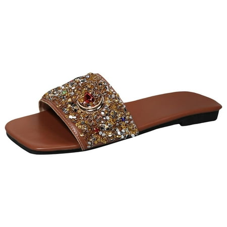 

ZAROYEAX Women Sandals Fashionable New Pattern Bright Diamond Decorative Square Toe Open Toe Flat Bottom Comfortable Beach Slippers