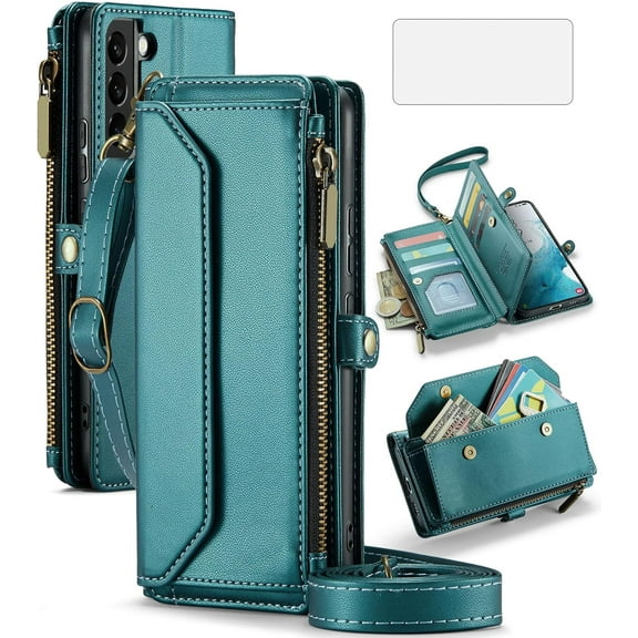 Phone Case for Samsung Galaxy S22 Plus S22  5G Zipper Wallet Cover with Tempered Glass Screen Protector and Flip RFID Blocking Card Holder Cell S22 5G S22plus 22S   S 22 22  Women Girls Green