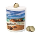 thumbnail image 3 of Tropical Piggy Bank, Exotic Rocky Coast with Wave Seychelles Island Paradise Beach Scenery, Ceramic Coin Bank Money Box for Cash Saving, 3.6" X 3.2", Cinnamon Blue Turquoise, by Ambesonne, 3 of 4