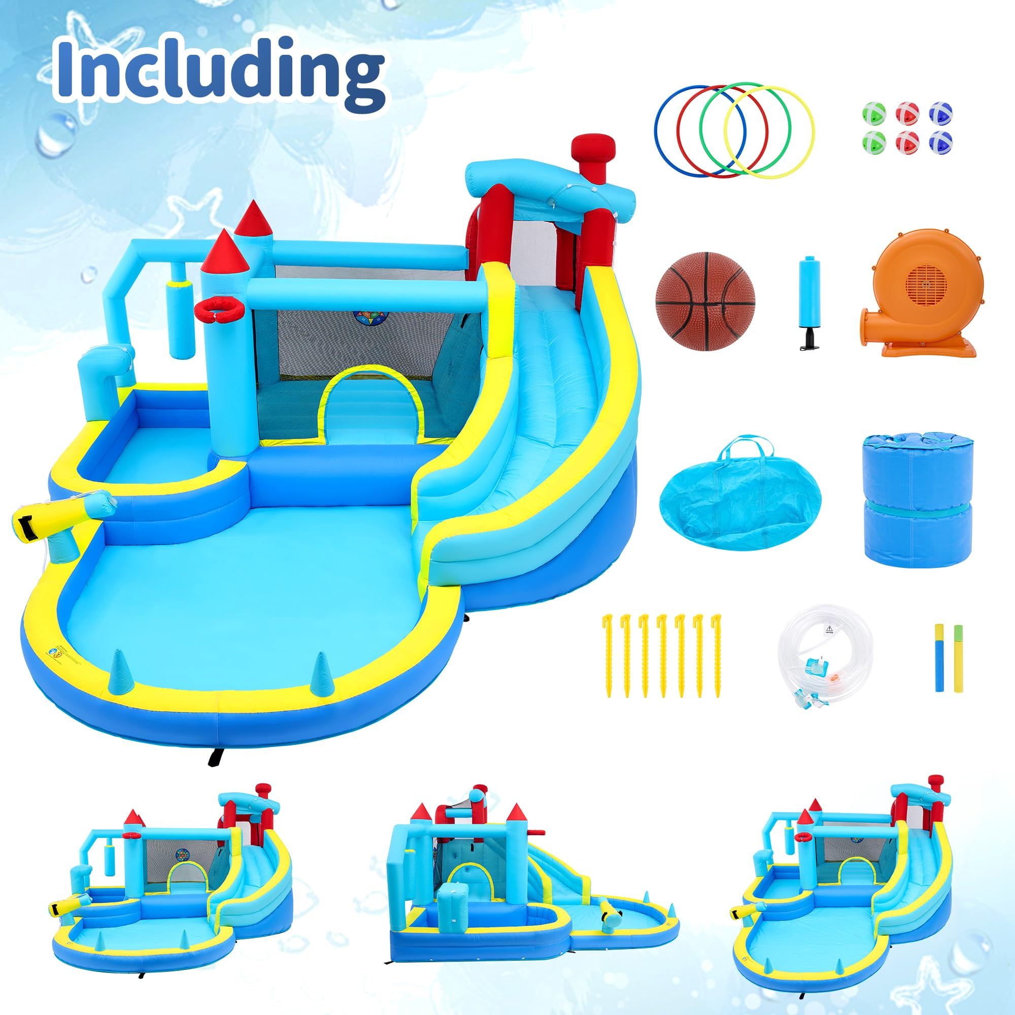 Inflatable Bounce House for Kids, Inflatable Water Slide with Blower, Climbing Wall, Jumping, Splash Pool, Basketball Hoop for Boys and Girls Indoor Outdoor Backyard