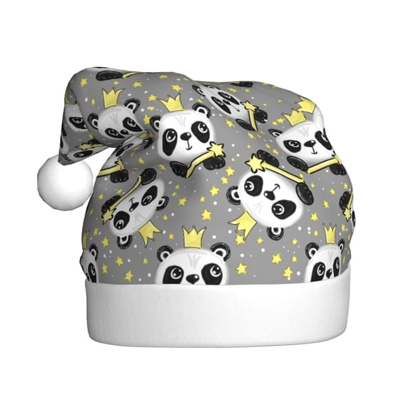 Kowoue Panda With Crown And Stars Pattern Santa Hat Christmas Hats for Adults, Holiday Unisex Velvet Comfort Xmas Hat for Women Men