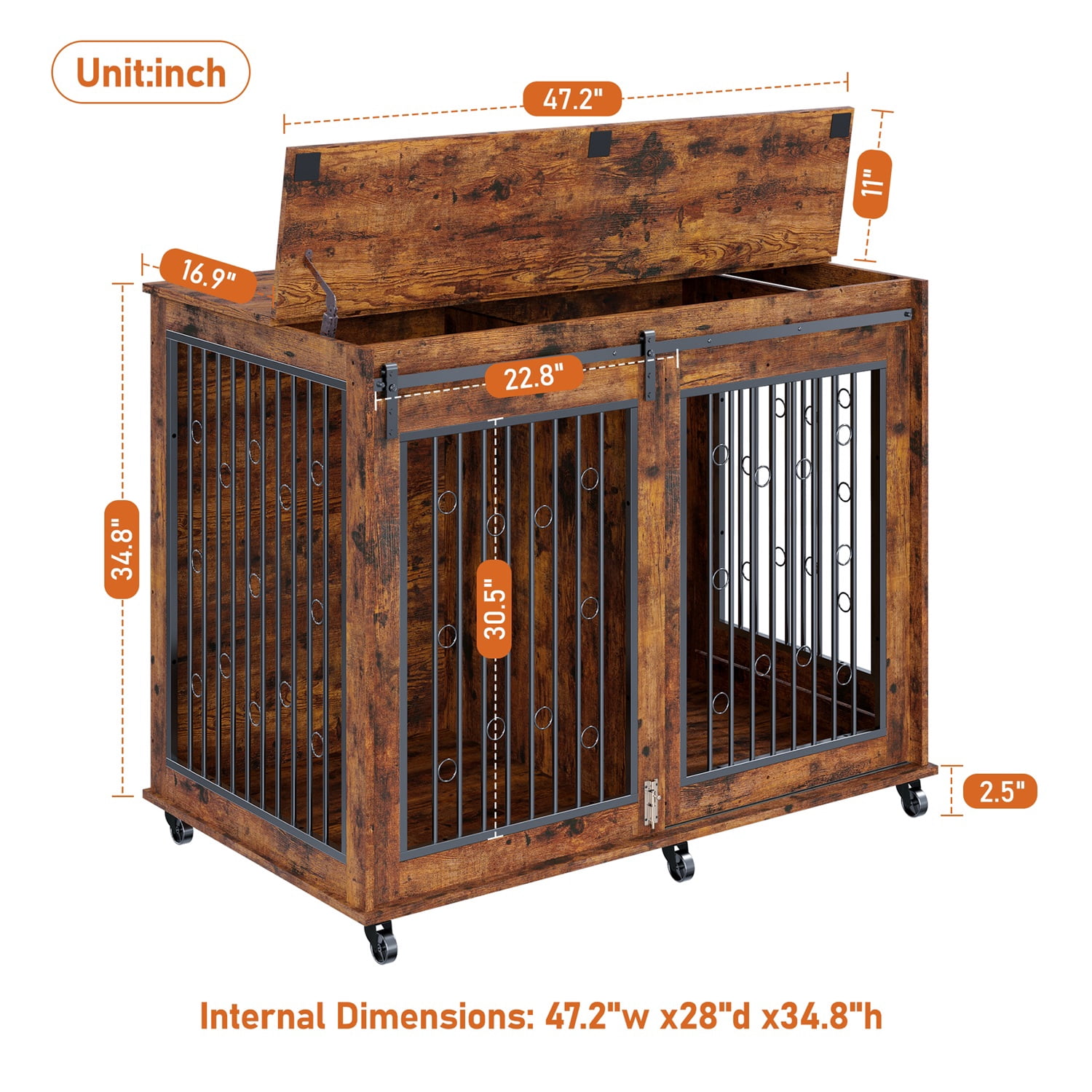 Mulinsonfly 47" Wooden Dog Crate Furniture with Sliding Barn Door, Flip-Top Lid, Lockable Wheels & Removable Divider, Indoor Dog Kennel Table for Small, Medium, Large Breeds