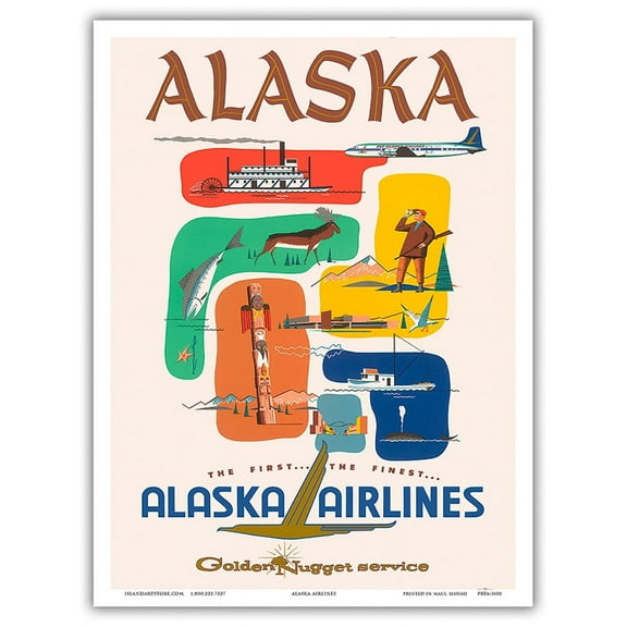 Alaska - The First... The Finest... Golden Nugget Service - Alaska Airlines - Vintage Airline Travel Poster c.1950s - Master Art Print (Unframed) 9in x 12in
