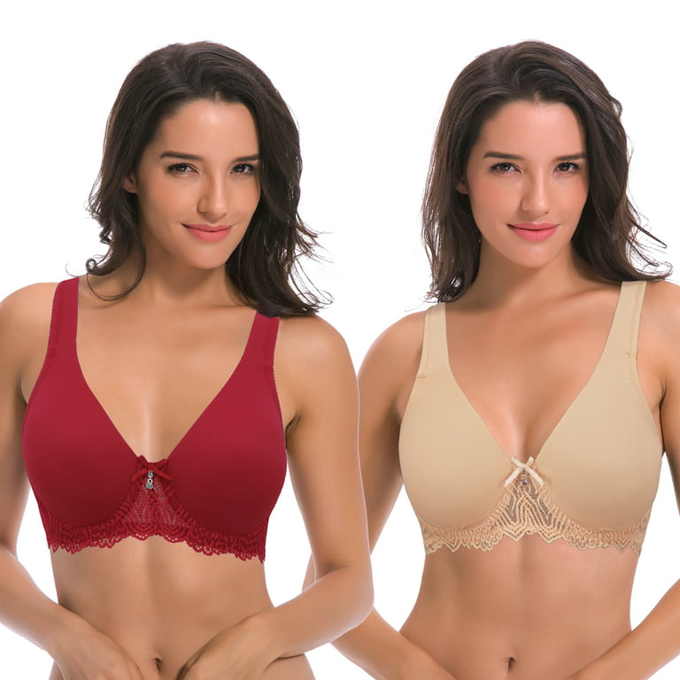 Curve Muse Women's Plus Size Unlined Underwire Lace Bra with Cushion  Straps-2PK-Dark Red,Nude-36B