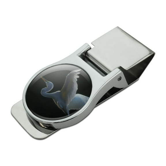 Great White Egret Heron in Flight Satin Chrome Plated Metal Money Clip