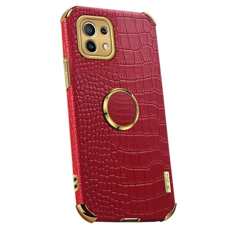Shoppingbox Case for Xiaomi Mi 11 Lite, Soft TPU Leather Shockproof Bumper Case with Ring Stander Protective Cover - Red