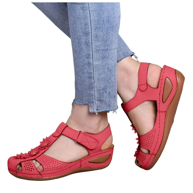 Sandales Orthopédiques à Talon Compensé à Bout Fermé pour Femmes 2025 Plage Confortables à Fleurs Marche Robe Chaussures d'Été