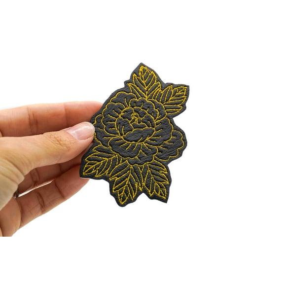 Gold and Black Peony Flower Faux Leather Embroidered Iron On Patch