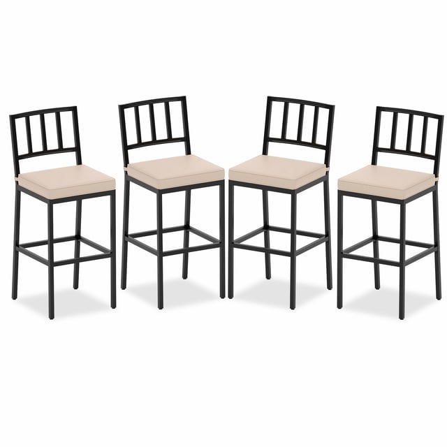 Metal Outdoor Bar Stools Counter Height Barstools with Beige Cushions (4-Pack)