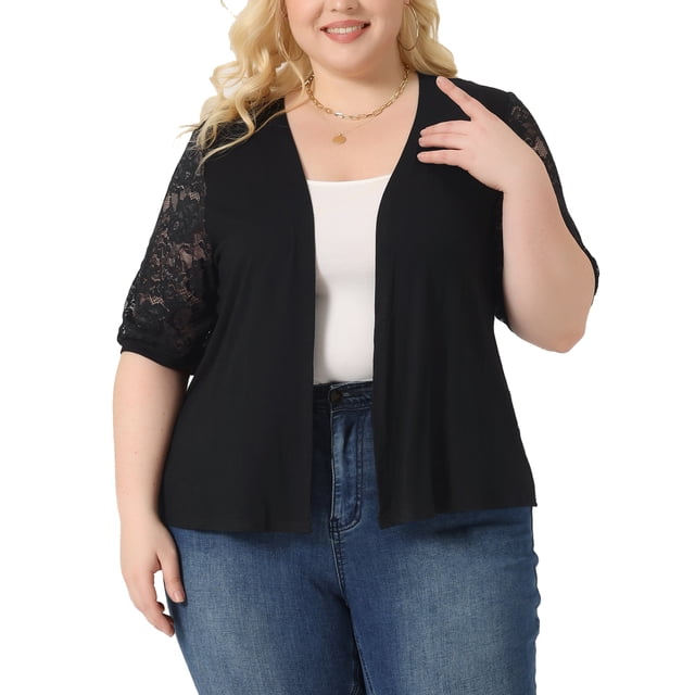 Cárdigan Plus Size GRACE & GRANDEUR para Mujeres, Ligero, de Manga Corta, Abierto, Suéteres de Encaje 3X Negro