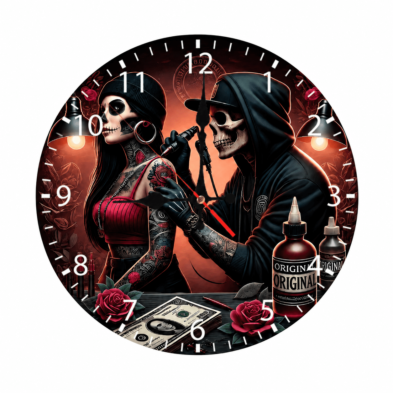 Cozy Hour Gothic Skull Tattoo Wall Clock 9 . 84 Inch, Silent Non Ticking Battery Operated Round