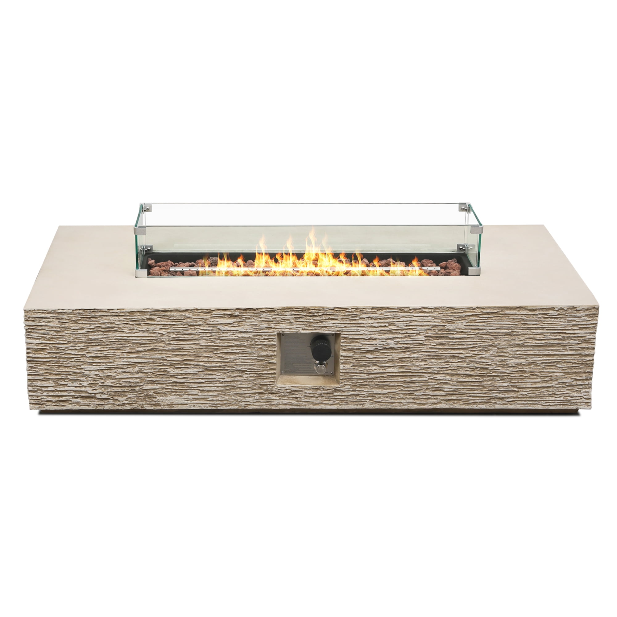 UPHA 56-inch Outdoor Propane Rectangle Fire Pit Table 50000 BTU Gas Concrete FirePit for Outside Patio with Wind Guard, Lava Rocks, Rain Cover, Beige