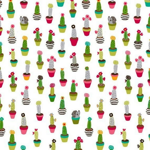 Stof Fabrics 4500-514 Cactus Life Cactus Family White Cotton Fabric By The Yard