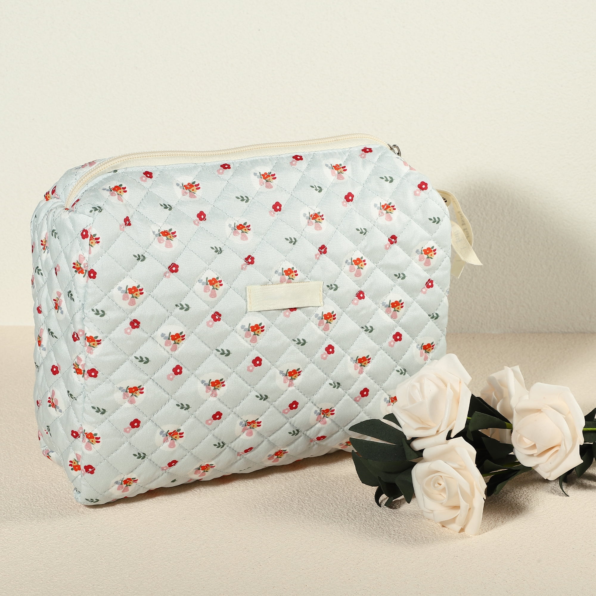 Unique Bargains Cotton Makeup Bag Large Travel Cosmetic Pouch Quilted Toiletry Bag Blue
