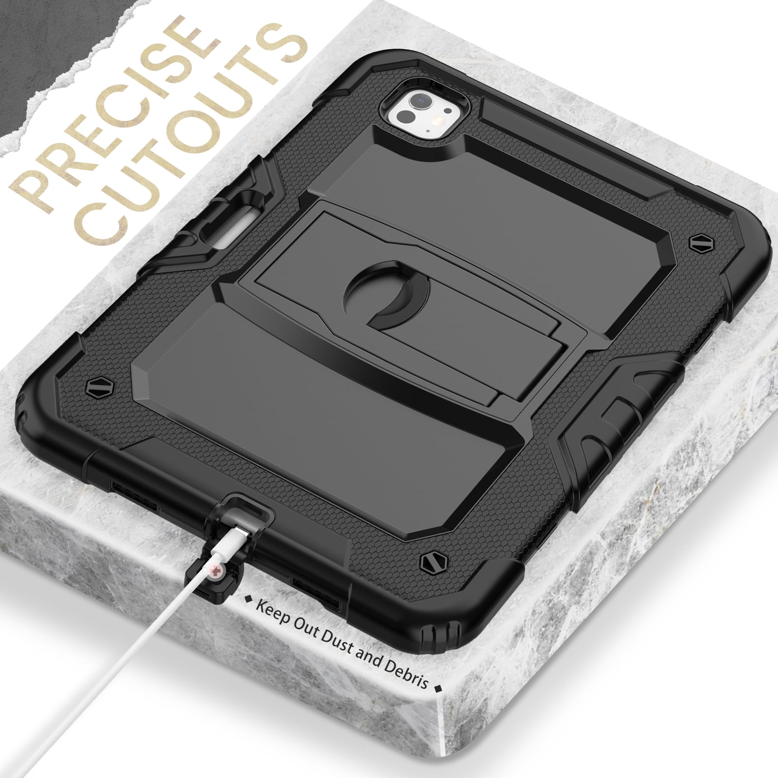 Rugged Case For Apple iPad Pro 11 (2024) – 3-Layer Protection Shockproof Stand Cover with Screen Protector, Adjustable Stand, Shoulder Strap, & Pencil Holder -- Black