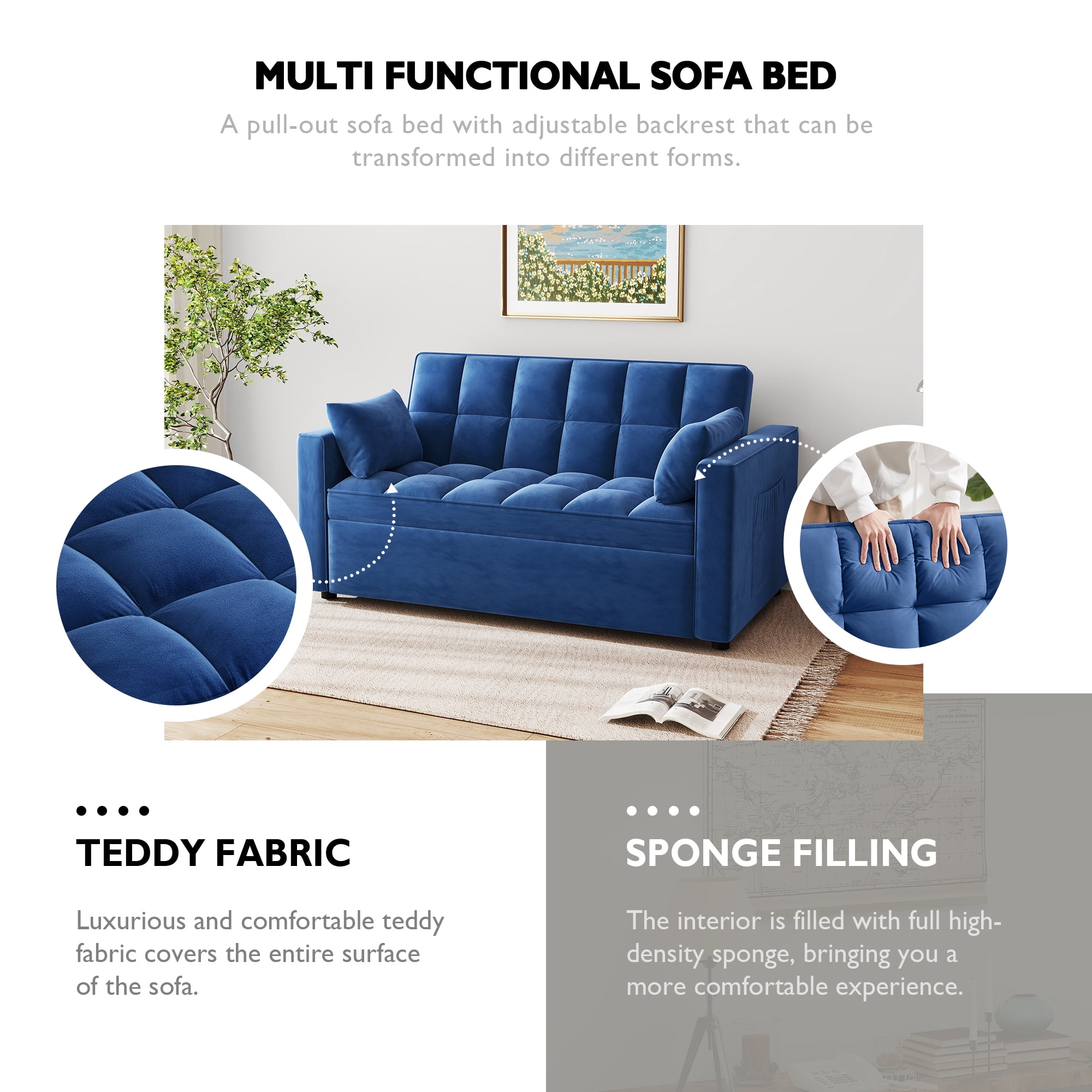 AENKYO Convertible Pull-Out Loveseat Sleeper Sofa Bed for Living Room, Modern Upholstered Futon in Blue