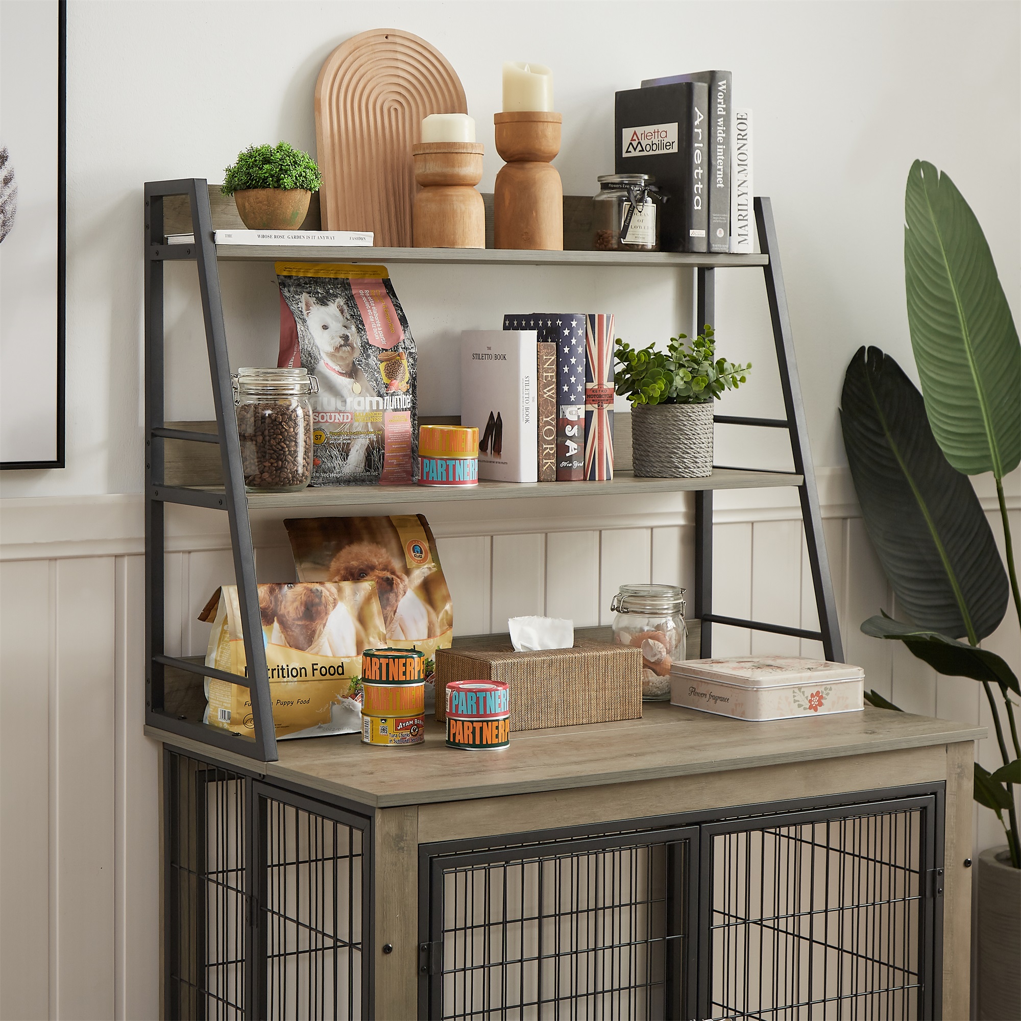 Pefilos 57" Wood Dog Crate Furniture with 3 Tier Shelves, kennel Equipped with Double Doors and A Raised Roof, Gray Pefilos 57" Wood Dog Crate Furniture with 3 Tier Shelves, kennel Equipped with Double Doors and A Raised Roof, Gray