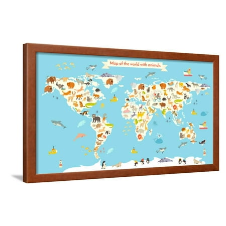 Cartoon Map - Animals World Map. Colorful Cartoon Vector Illustration for Children and Kids. Framed Print Wall Art By coffeee_in