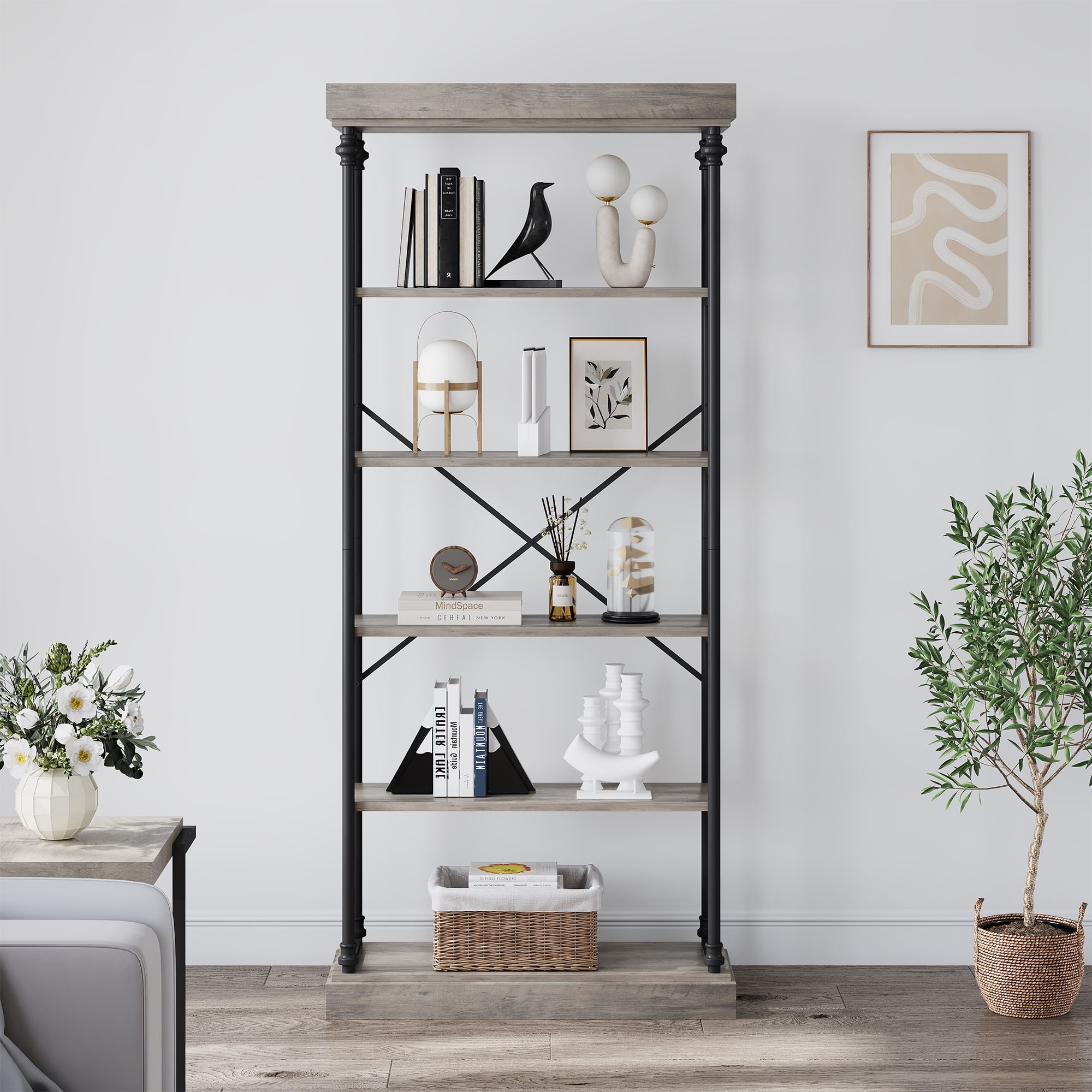 HOMEFAN Tall Bookshelf Industrial Wood Bookcase 6 Tier Storage Open
