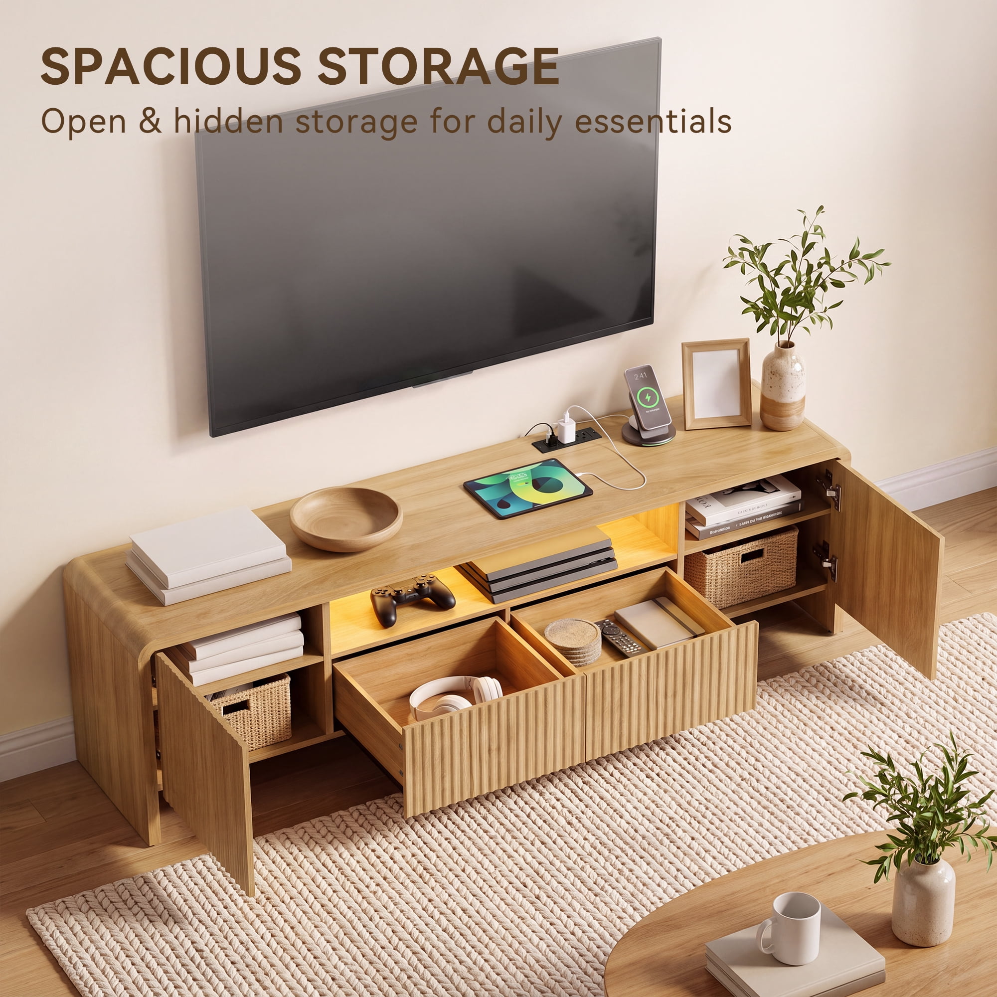Lacoo 70 Inch Fluted TV Stand for 55-75 Inch TVs, Entertainment Center with Charging Station and RGB LED Lights, Media Console with 2 Drawers and Storage Cabinets for Living Room, Natural