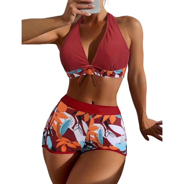 Trajes de baño de cintura alta para mujer traje de baño retro de dos piezas halter control de barriga fruncido bikini traje de baño con parte inferior